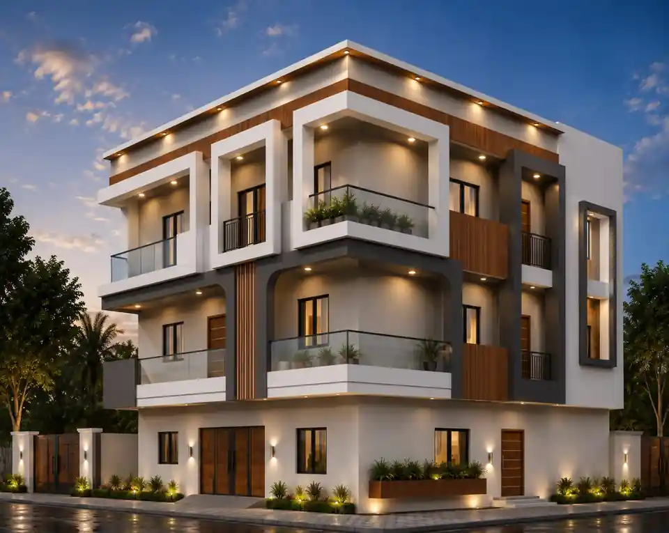 Ongoing Kryston corner residential project with layered balconies and warm architectural lighting