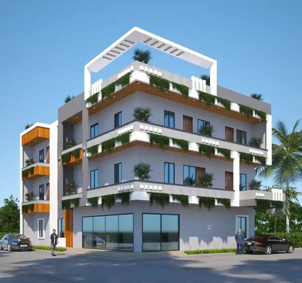 Ongoing Kryston multi-storey residential project with terraces, greenery and commercial-style ground frontage