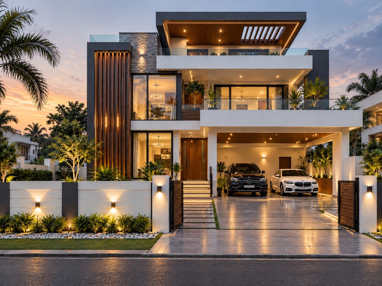 Modern residential home with landscaped driveway